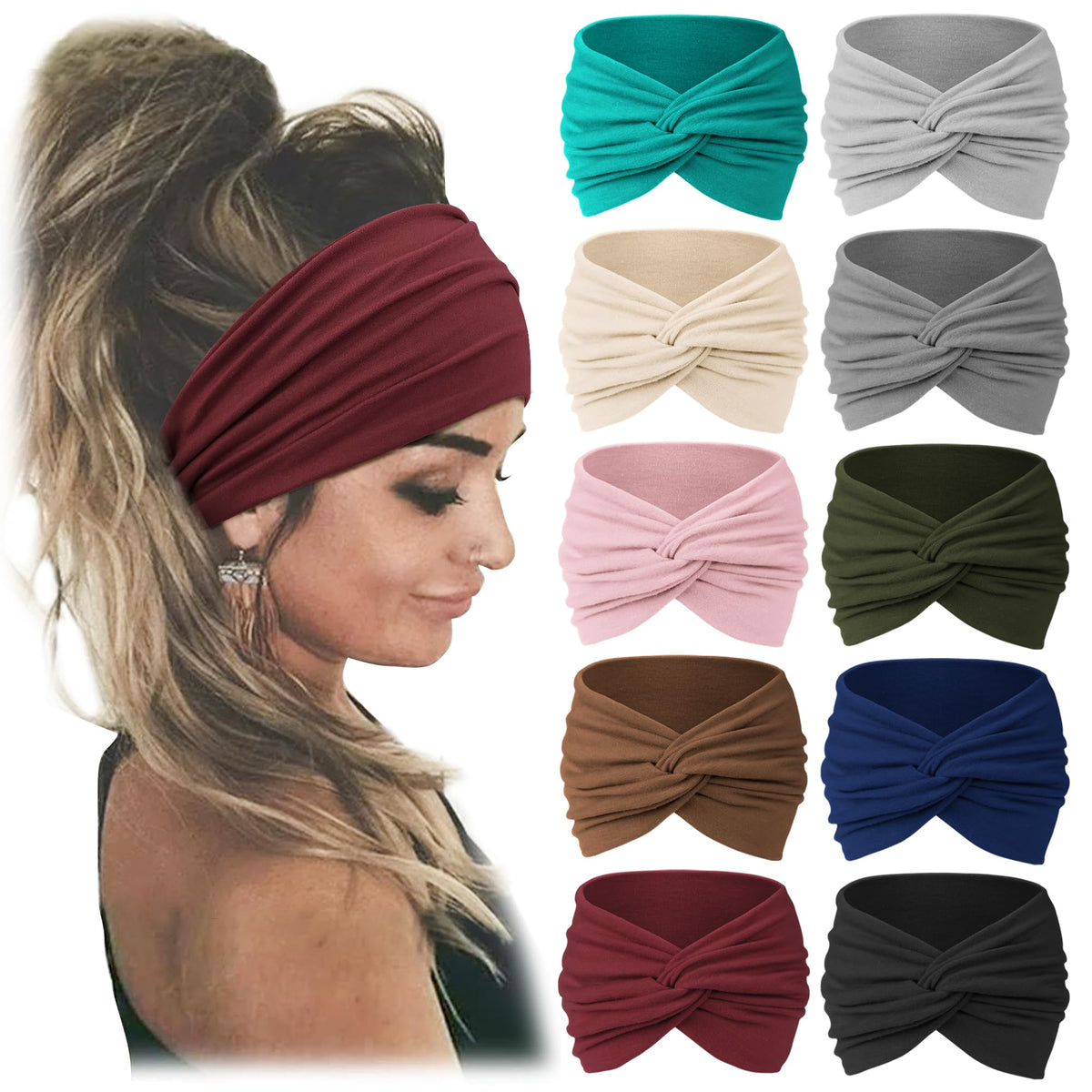 Jesries 10 PCS Women Headbands African Wide Hair Wrap Extra Turban Head Bands for Lady Large Sport Workout Stretch Non-slip Big Hair Bands
