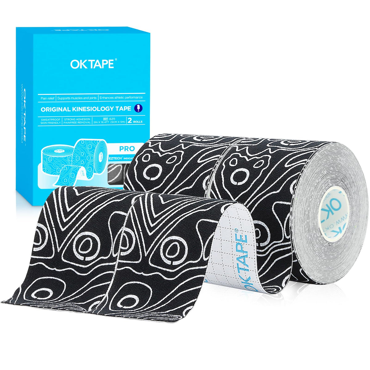 OK TAPE PRO Kinesiology Tape, 2inch x Long Roll 16ft Free Cut Tape, Elastic Athletic Tape Therapeutic Latex Free, 2 Rolls Black+White