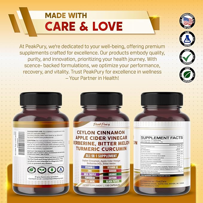 Ceylon Cinnamon Apple Cider Vinegar Berberine Bitter Melon - Made in USA