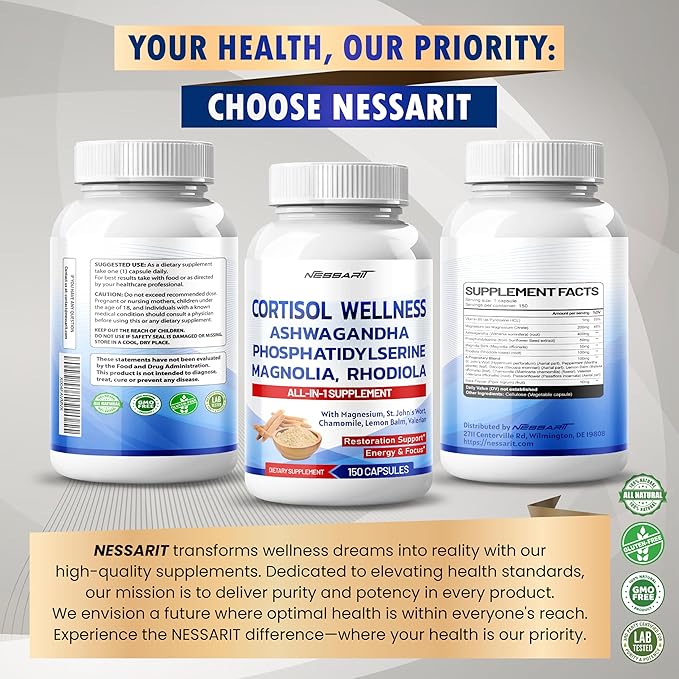 CORTISOL Wellness Ashwagandha 14-in-1 Natural Blend with Phosphatidylserine Magnolia Rhodiola St. John's Wort Peppermint Bacopa - 150 Count - Made & Tested in The USA
