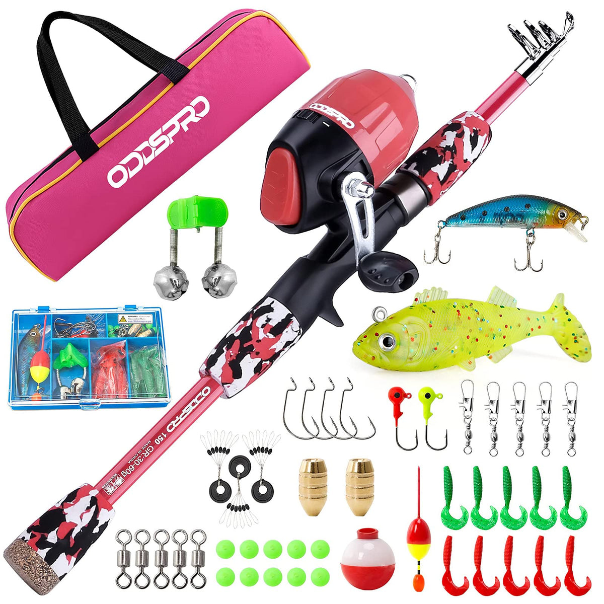 ODDSPRO Kids Fishing Pole - Kids Fishing Starter Kit - with Tackle Box, Reel, Practice Plug, Beginner's Guide and Travel Bag for Boys, Girls