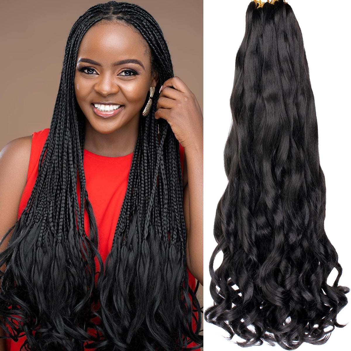 COOKOO French Curl Braiding Hair 22 Inch 2 Packs Loose Wave for Box Braids Spanish Curly Silky Spiral Curl Crochet Pre Stretched Bouncy Hair for Women 1B#