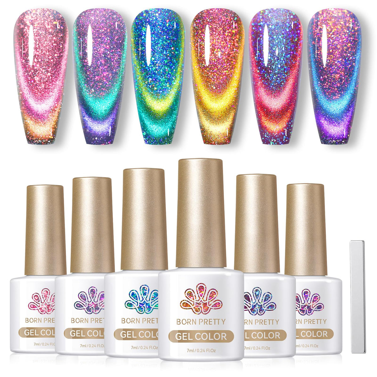 BORN PRETTY Cat Magnetic Gel Nail Polish 9D Chameleon Holorgraphic Cat Magnetic Eye Gel Polish Glitter Gel Polish Set 6PCS