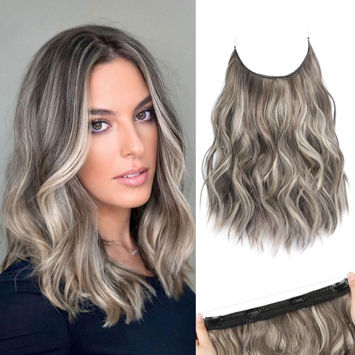 REECHO Invisible Wire Synthetic Hair Extensions with Thinner Softer Lace Weft (Smoked Walnut with Platinum Highlights, 12 Inch (Pack of 1))