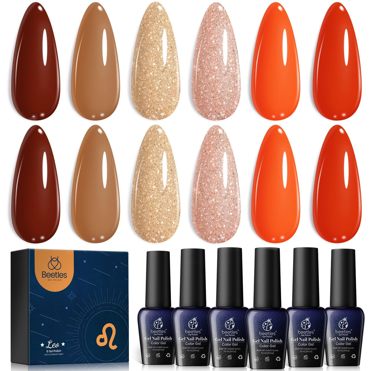 Beetles Fall Gel Polish Nail, 6 Colors Golden Empire Orange Yellow Brown Gel Polish Set Soak Off Uv LED Lamp Trendy Manicure Gel Nail Polish Kit for Girls Women