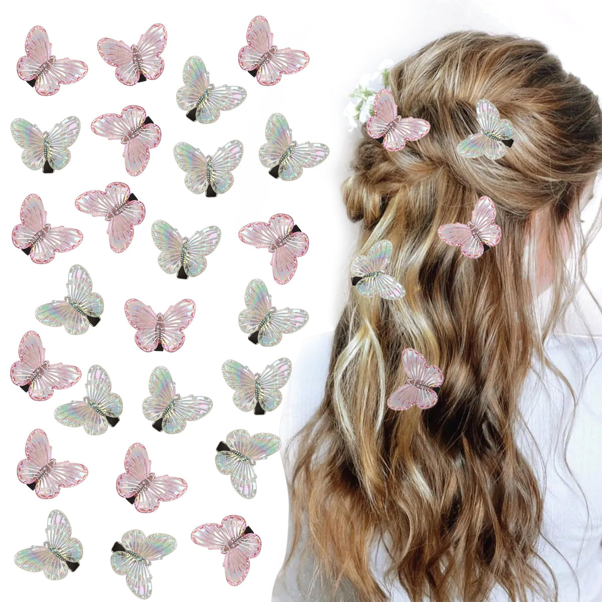 NAISIER 30 Pcs Small Butterfly Hair Clips Mini Hair Claw Clips Jaw Clips Beautiful Butterfly Clips White Pink Cute Y2K Hair Accessories for Girls and Women. (30 Pink white)