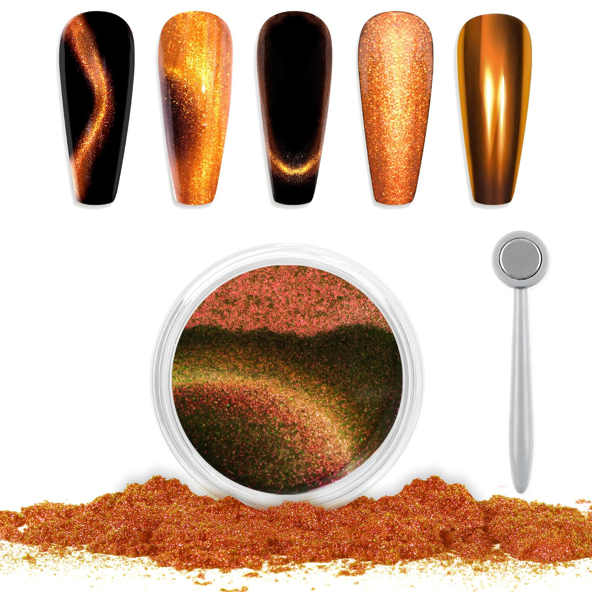 Laza Cat Eye Chrome Nail Powder Magnetic Powder 3D Cat Eye Effect Mirror Effect Pigment Dust Magic Galaxy Holographic Effect Glitter with Magnetic Stick for Velvet Nail Art - Copper