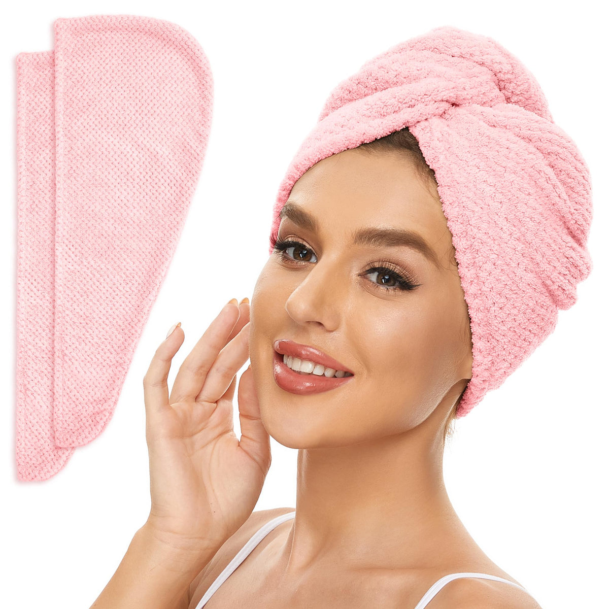 SimpleField 2 Pack Microfiber Hair Towel Wrap for Women, Anti Frizz Quick Drying Hair Turban for All Hair Style, Absorbent and Lightweight (Pink)