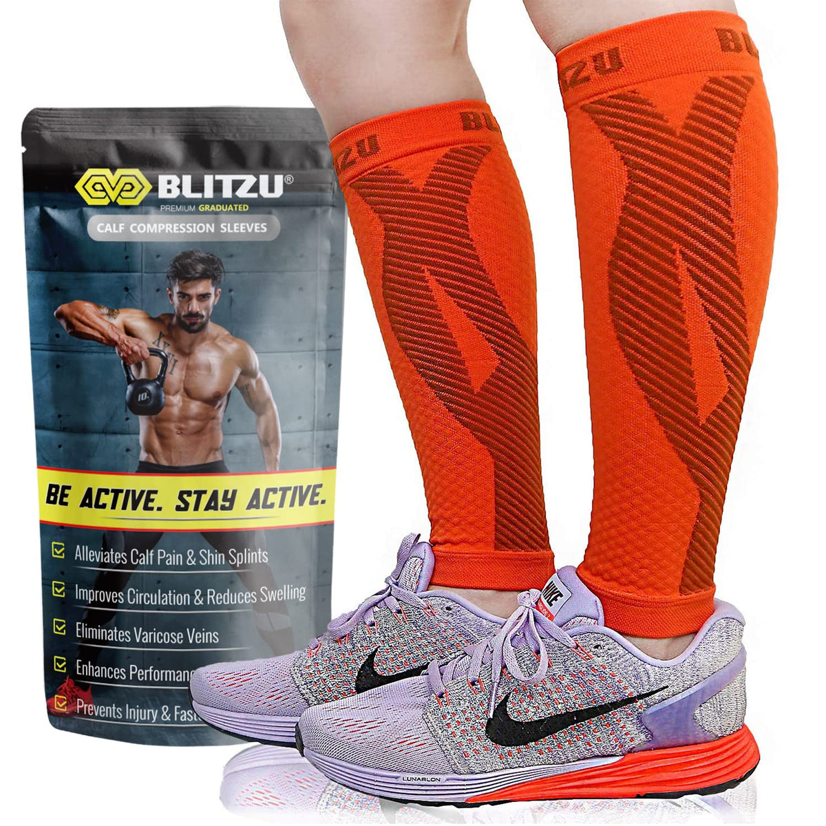 BLITZU Calf Compression Sleeves for Men and Women. Footless Compression Socks Support for Varicose Vein, Nursing, Running. Leg Sleeve Brace for Shin Splints, Pain Relief & Reduces Swelling Orange S-M