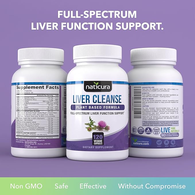 Liver Cleanse Plant-Based Formula - Vegan Full-Spectrum Supplement with Milk Thistle, Vitamin C and Zinc for Liver Function and Immune Support - 120 Capsules - No Fillers or GMO