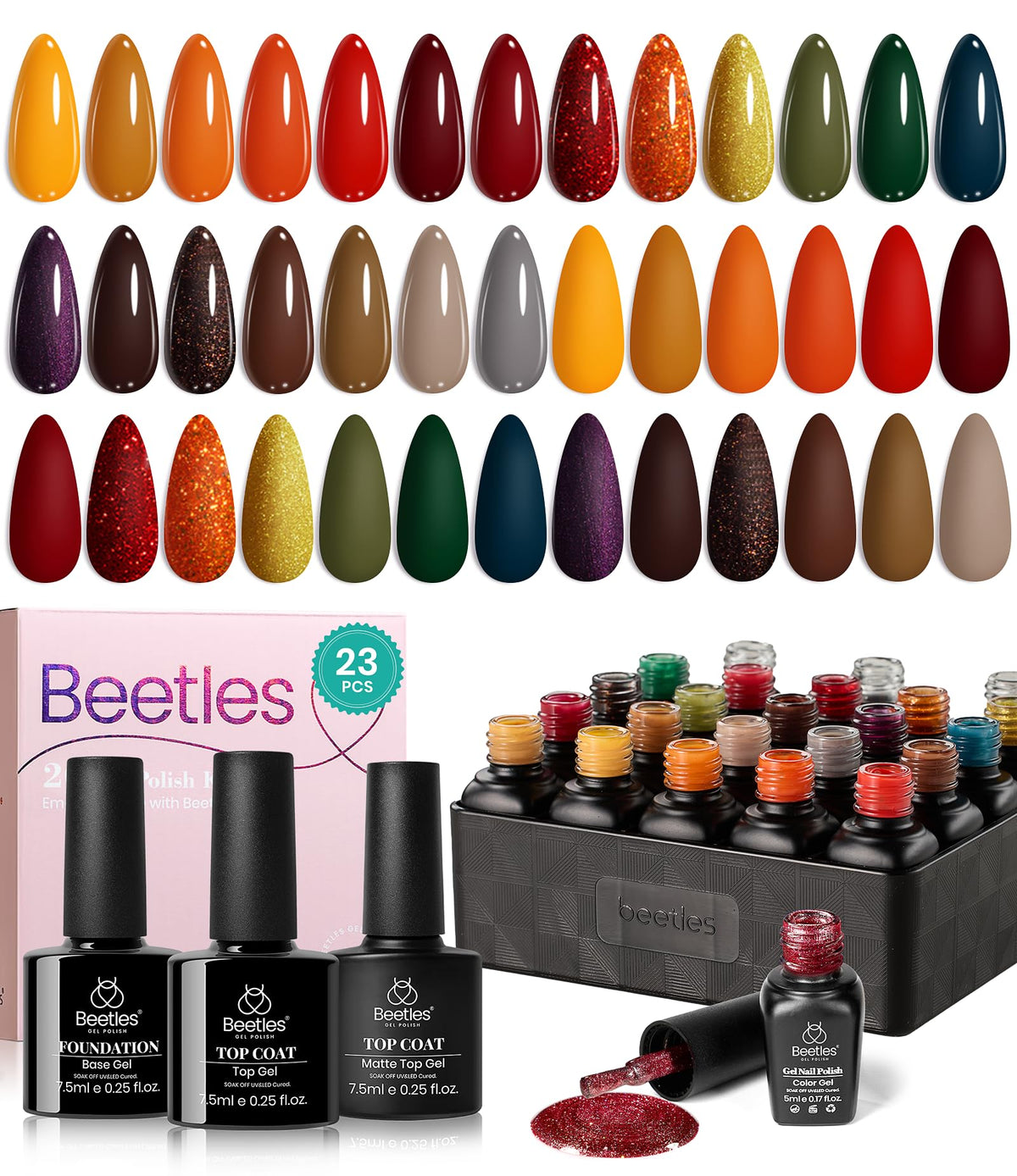 beetles Gel Polish Nail Set 20 Colors Cozy Campfire Collection Orange Yellow Green Brown Fall spring Gel Polish Set Soak Off Uv Lamp Need Base Glossy & Matte Top Coat Manicure Kit Gift for Girls