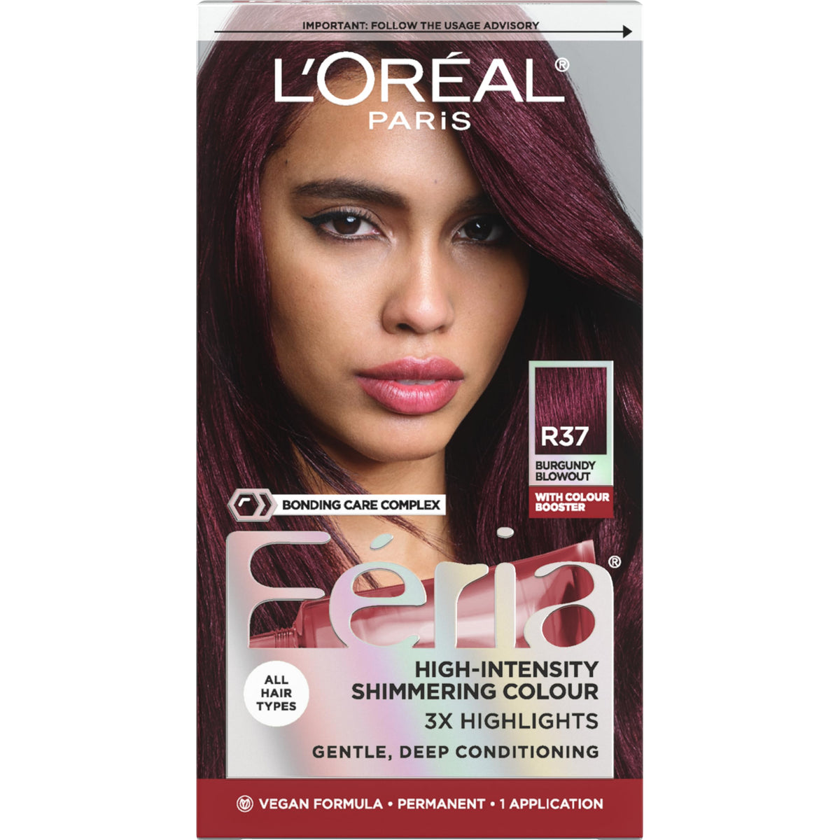 L'Oreal Paris Feria Multi-Faceted Shimmering Permanent Hair Color, R37 Blowout Burgundy (Deep Burgundy), Pack of 1, Hair Dye