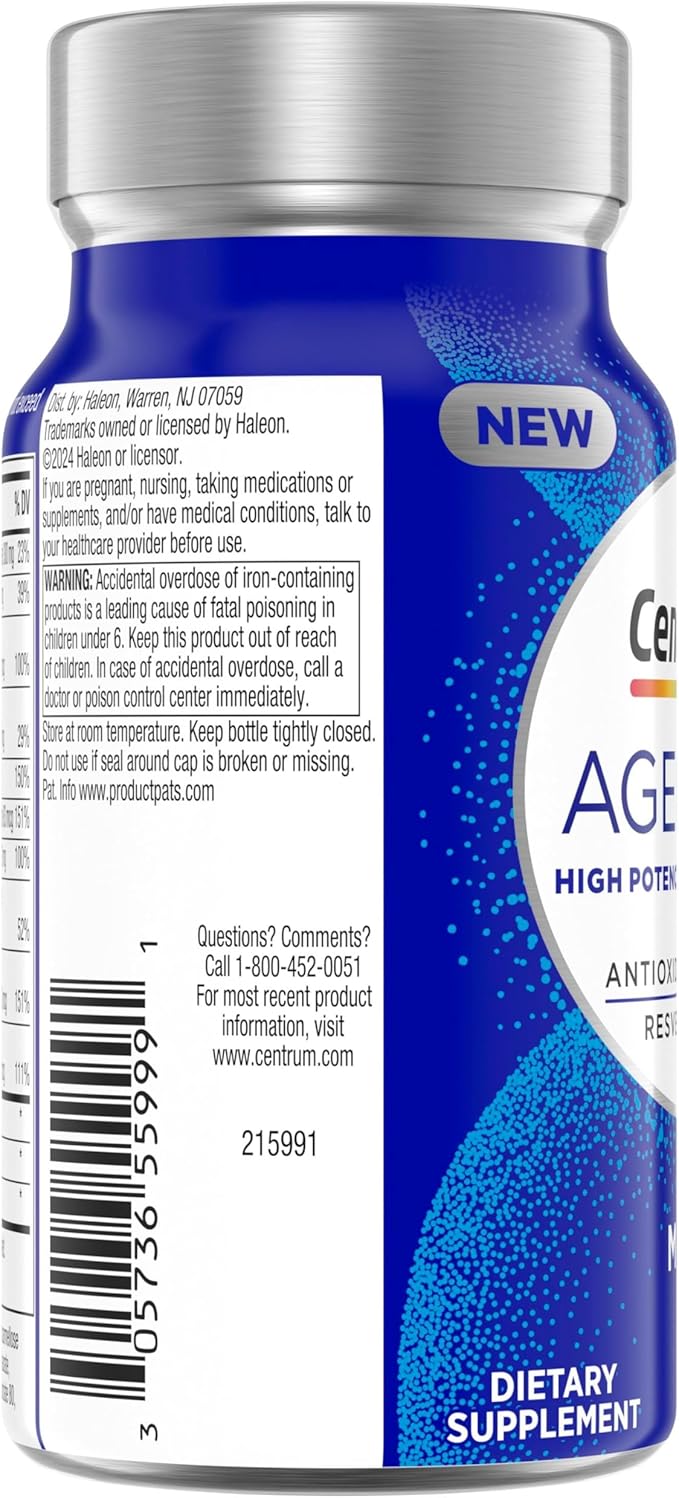 Centrum Age Defy for Men, All-in-1 High Potency Multivitamin + Healthy Aging Supplement, Multivitamin Blend with Resveratrol, and Niacin for NAD+ Level Support, Aluminium Bottle, 56 Tablets