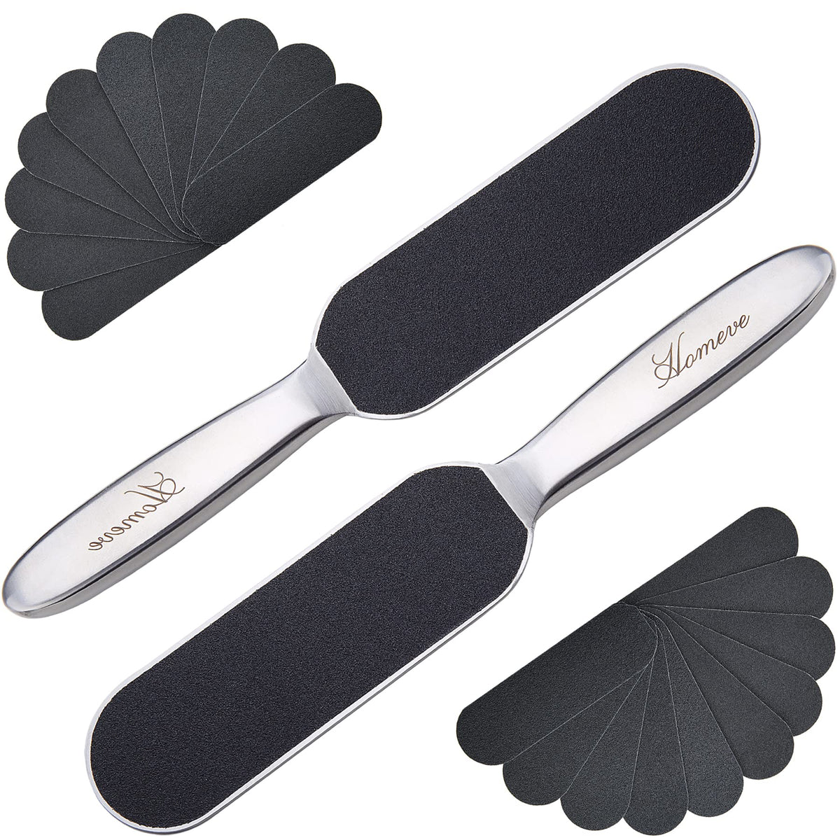 Homeve 2 Pieces Professional Pedicure Foot File - Reusable Stainless Steel Feet Rasp with 20 Replaceable Coarse-Fine Double Side Reusable Pads Cracked Skin Corns Callus Remover