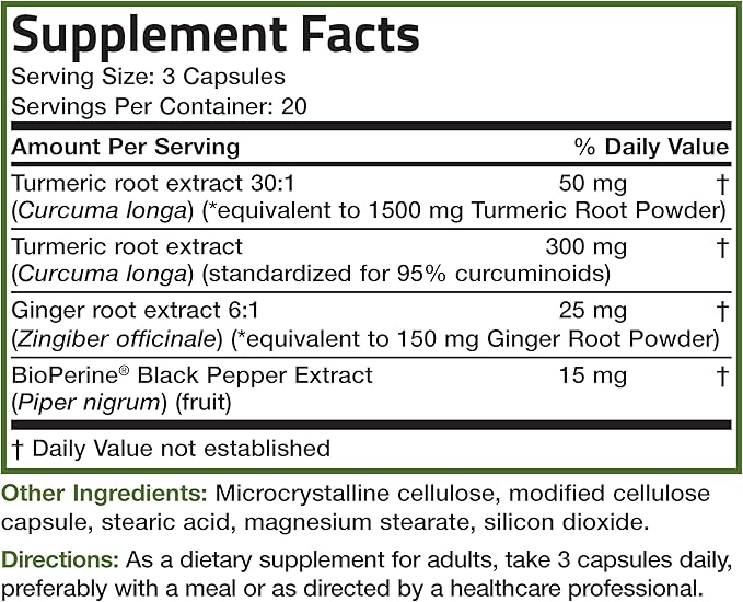 Bronson Turmeric + Ginger Extra Strength Joint Health & Digestion Support with BioPerine, Non-GMO, 60 Vegetarian Capsules