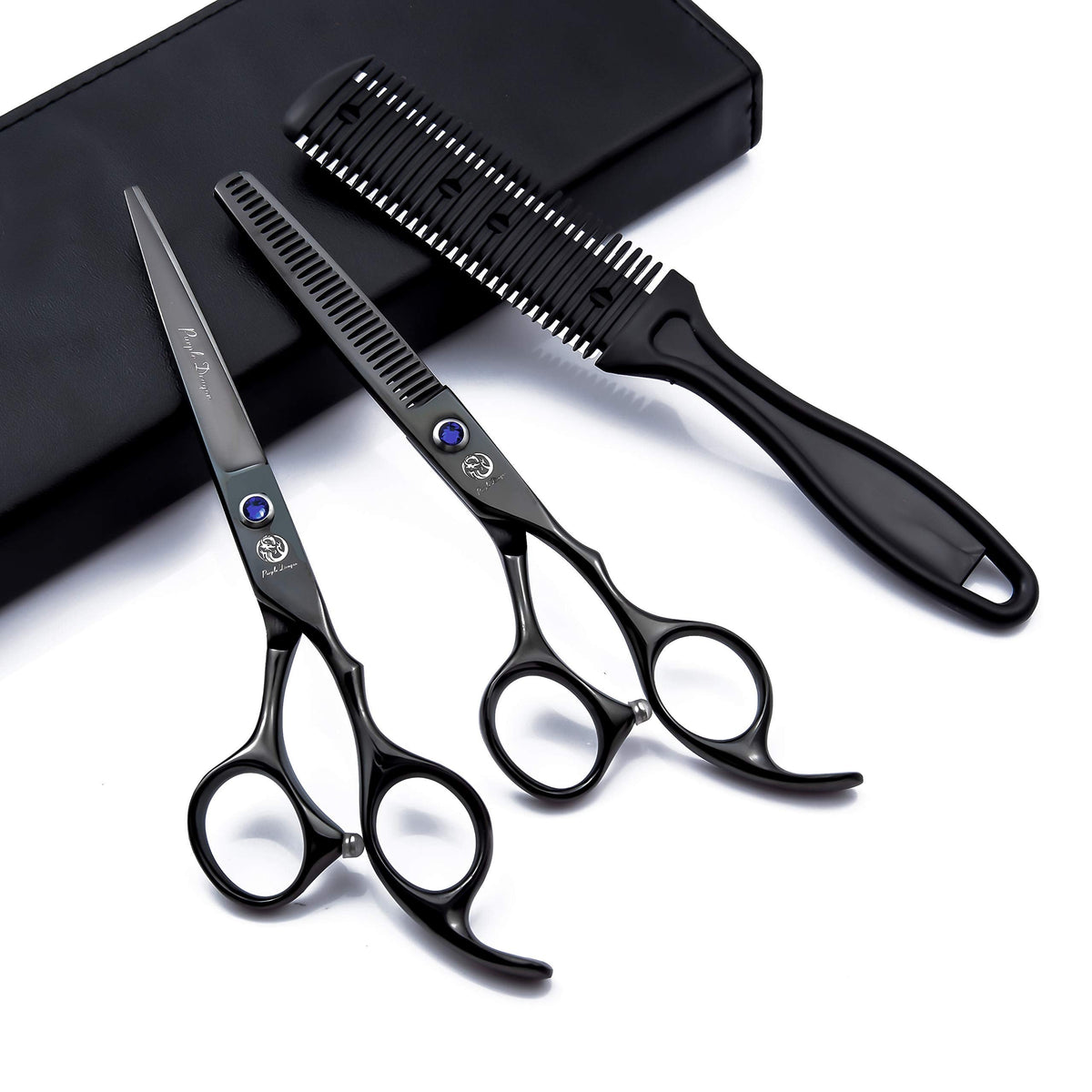 6.0" Black Hair Cutting Scissor Set with Multi-functional Thinning Comb, Leather Scissors Case, Barber Hair Cutting Shears Hair Thinning/Texturizing Shear for Hairdresser or Women Home Use