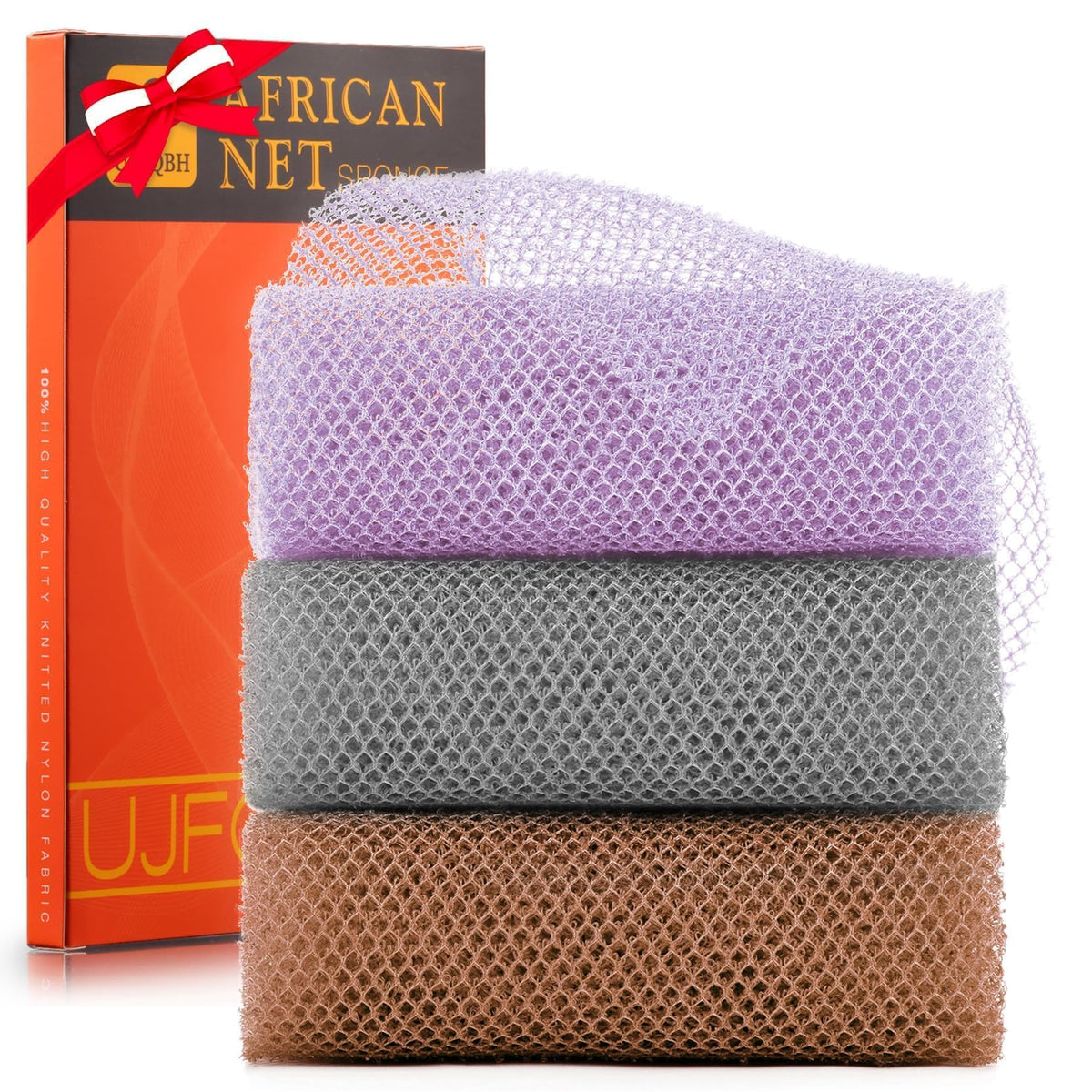 3 Pieces African exfoliating net African Net Long Net Bath Sponge Exfoliating Shower Body Scrubber Back Scrubber Skin Smoother,Great for Daily Use (Purple、Gray、Brown)