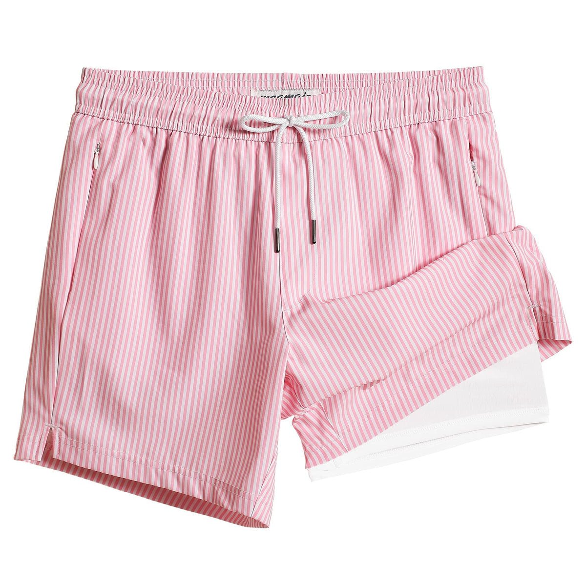 maamgic Mens Swim Trunks with Compression Liner 5" Stretch Beach Shorts Quick Dry with Zipper Pockets No-Chafing Board Shorts Pink White Stripe XS