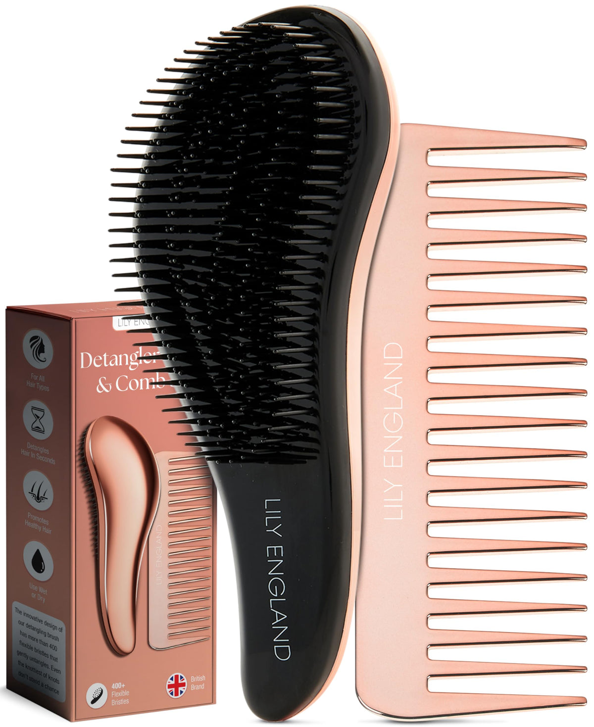 Lily England Detangler Brush & Comb Set - Lightweight Hair Brush & Wide Tooth Comb for Women & Kids - Smooth Detangling Hairbrush for Curly, Straight, Dry, Fine, & Thick Hair, Rose Gold