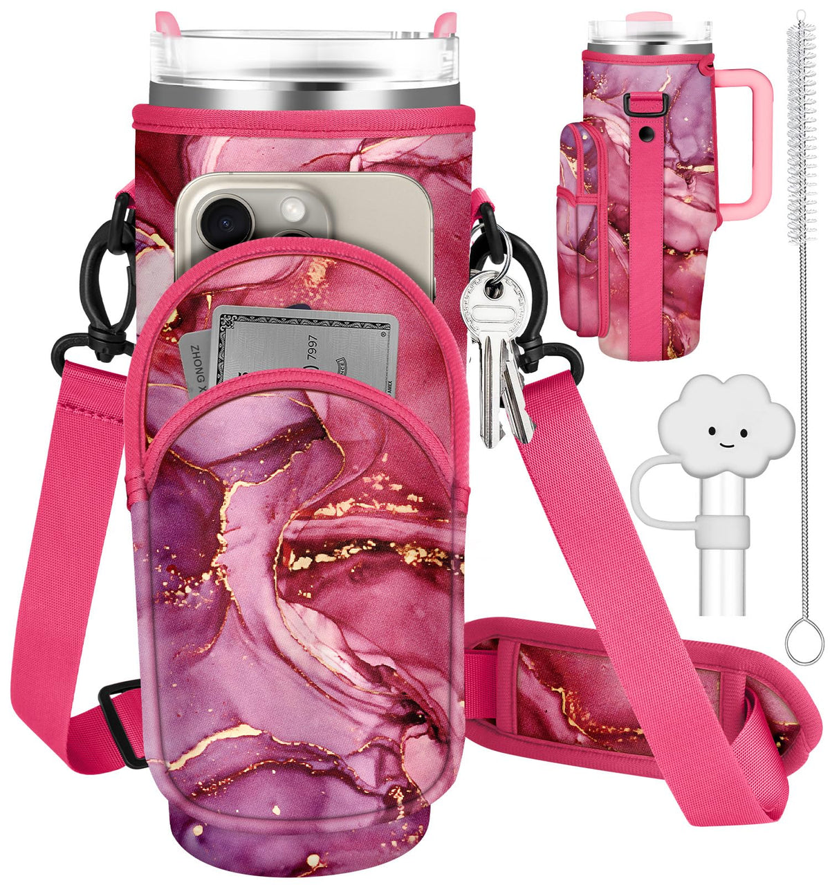 Toykee Water Bottle Holder Carrier Bag for Stanley 40 OZ Tumbler with Strap Phone Pocket, Wrap Around Drink Cup Purse Pouch with Straw Cover Cleaner Brush Accessories Marble Print