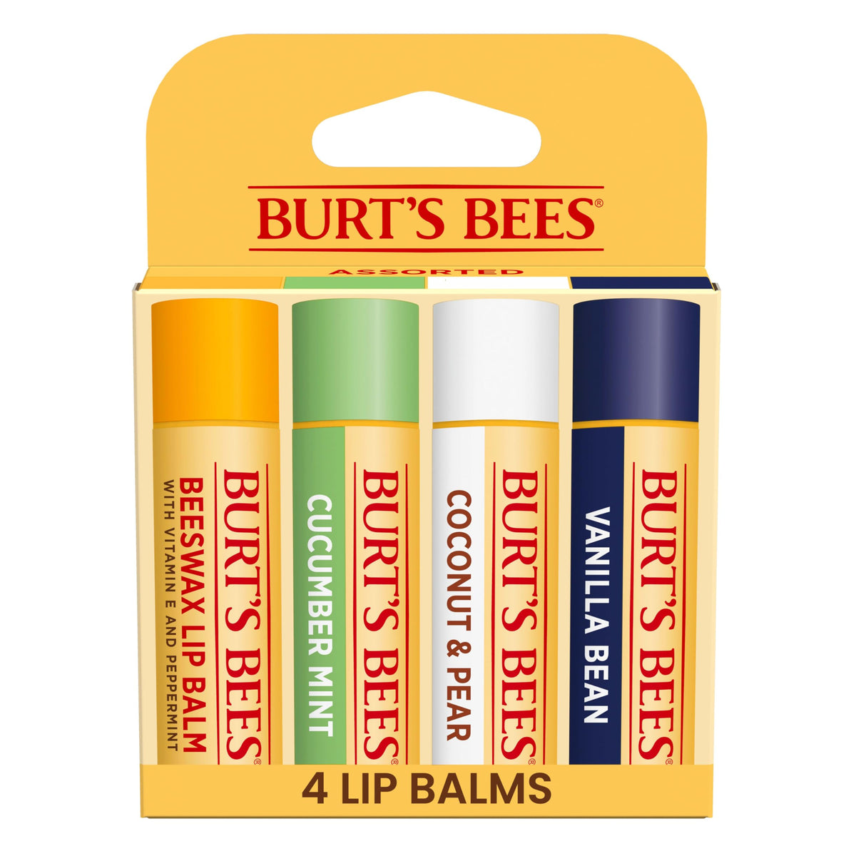 Burt's Bees Lip Balm - Beeswax, Cucumber Mint, Coconut & Pear, and Vanilla Bean Pack, With Responsibly Sourced Beeswax, Tint-Free, Natural Origin Lip Treatment, 4 Tubes, 0.15 oz.
