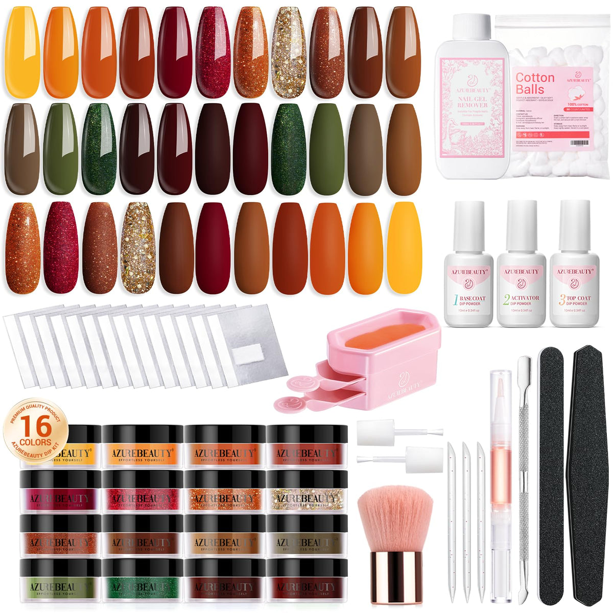 AZUREBEAUTY 130 Pcs Dip Powder Nail Kit,16 Colors Glaring Golden Brown Coffee Dip Powder Liquid Set with Professional Remover/Top/Base/Coat Activator for Nails Art Manicure DIY Salon Women
