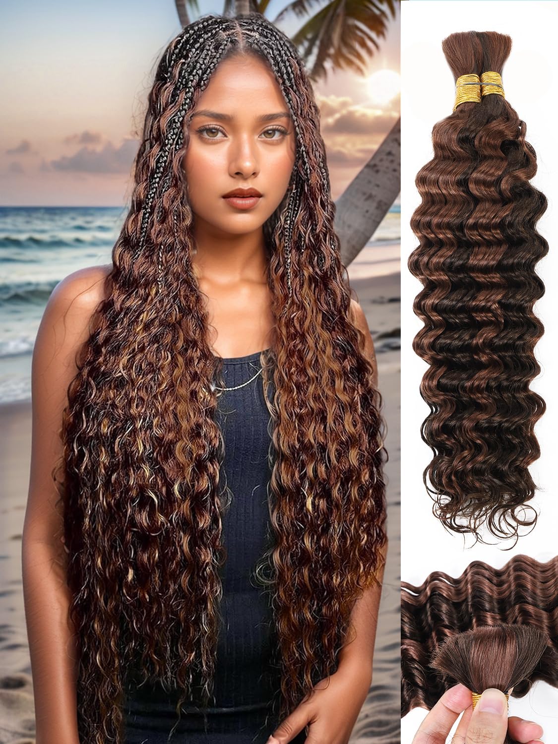 Ombre Braiding Hair 100g 14 Inch P4/30 Deep Water Wave 2 Bundle Bulk Human Hair for Braiding Brazilian Virgin Highlight Curly Extensions for Boho Braids Wet and Wavy Honey Blonde Brown Braiding Hair