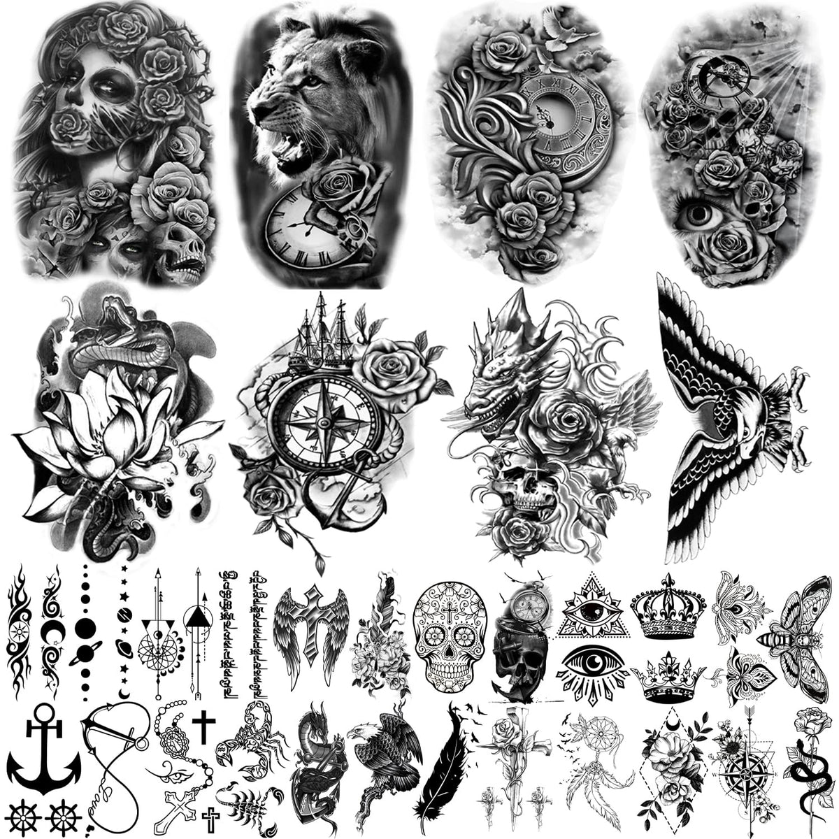 Yazhiji 32 Sheets Temporary Tattoos Stickers, 8 Sheets Fake Body Arm Chest Shoulder Tattoos for Men Women with 24 Sheets Tiny Black Temporary Tattoos