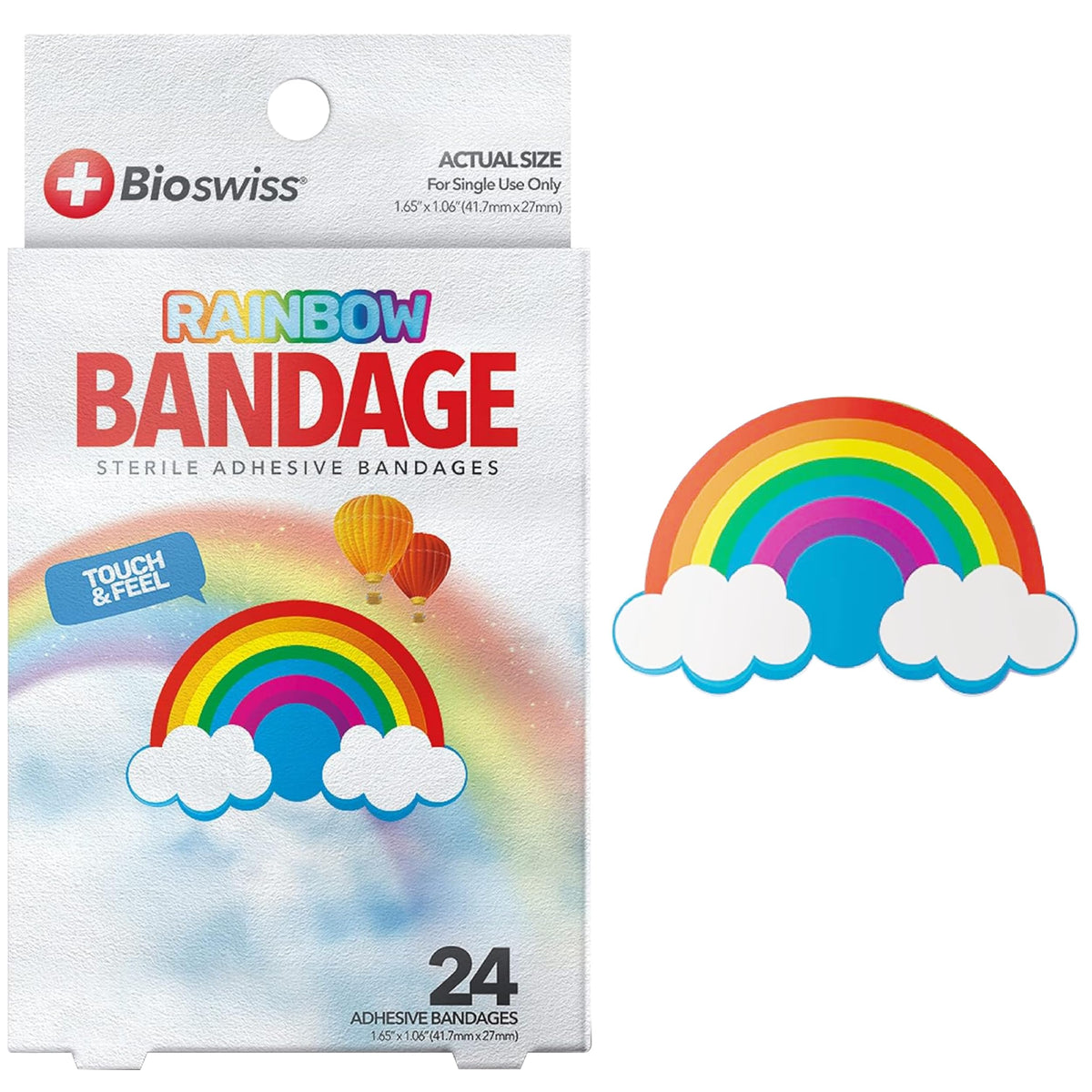 BioSwiss Bandages, Rainbow Shaped Self Adhesive Bandage, Latex Free Sterile Wound Care, Fun First Aid Kit Supplies for Kids, 24 Count