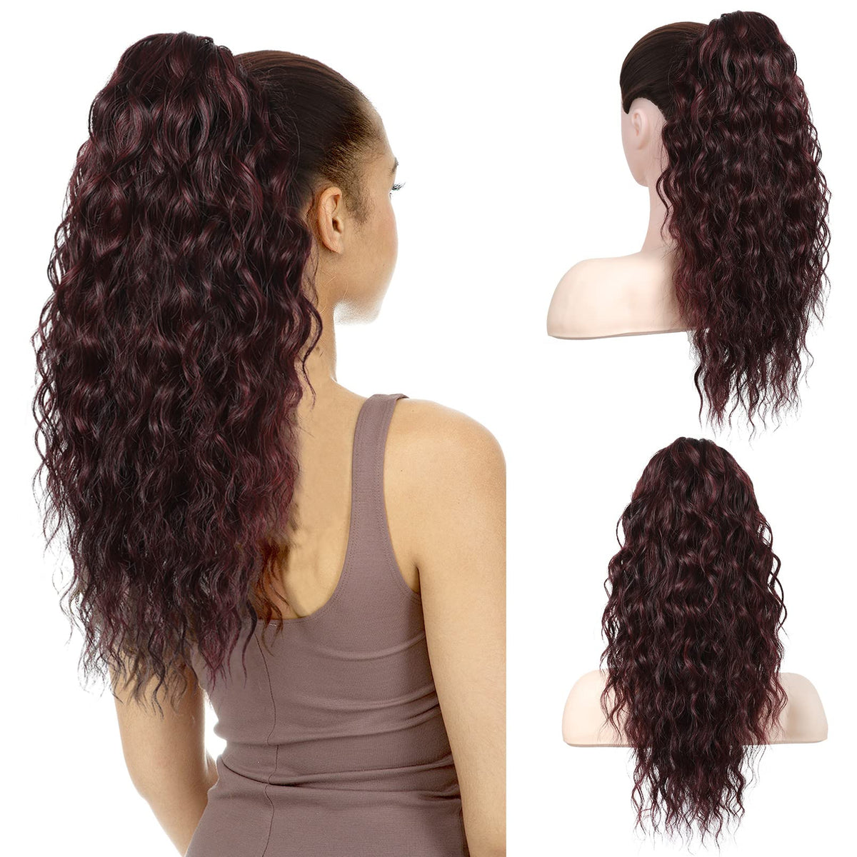 SEIKEA 18" Ponytail Extension Claw, PT002 Tia Long Multi Layered Hair FluffyThick Wavy Curly Clip in Hair Extensions Ponytail Natural Soft Synthetic Hairpiece for Women Burgundy