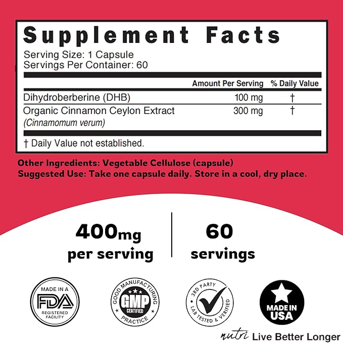 Nature's Fusions Dihydroberberine Supplement 100mg 60 Capsules - with Ceylon Cinnamon - 5X More Effective Than Regular Berberine HCL