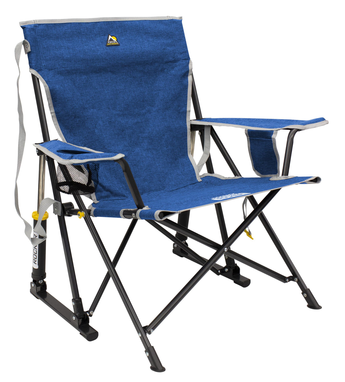 GCI Outdoor Kickback Rocker Camping Chair | Portable Folding Rocking Chair with Durable Armrests, Drink Holder & Relaxed Lowered Seat for Comfort — Heathered Royal