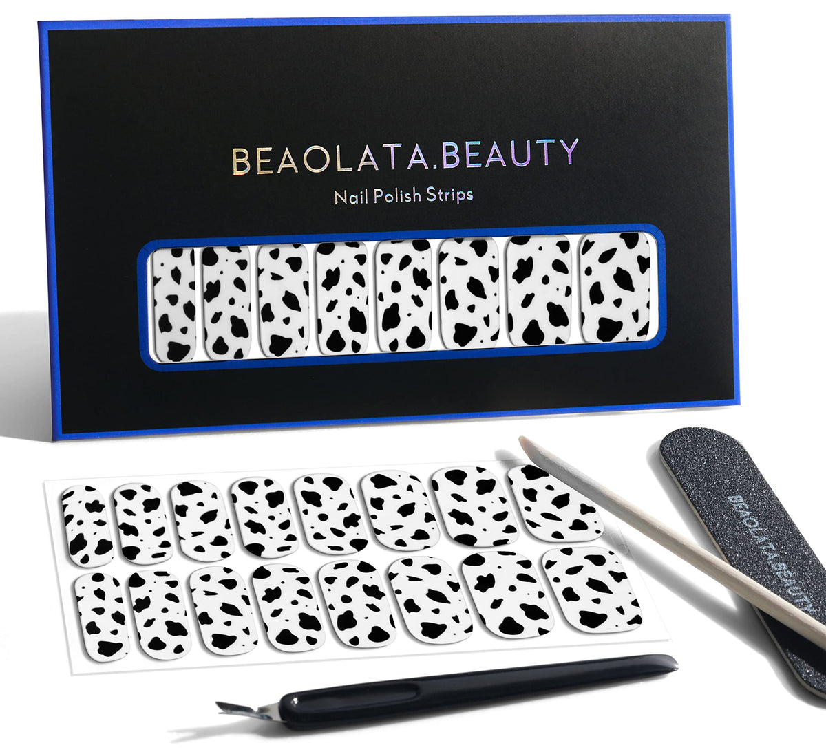 Beaolata Nail Polish Strips, 32PCS Salon Quality Wraps, Long Lasting Gel Nail Stickers for Women Easy Apply& Remove (Milk Black&White)