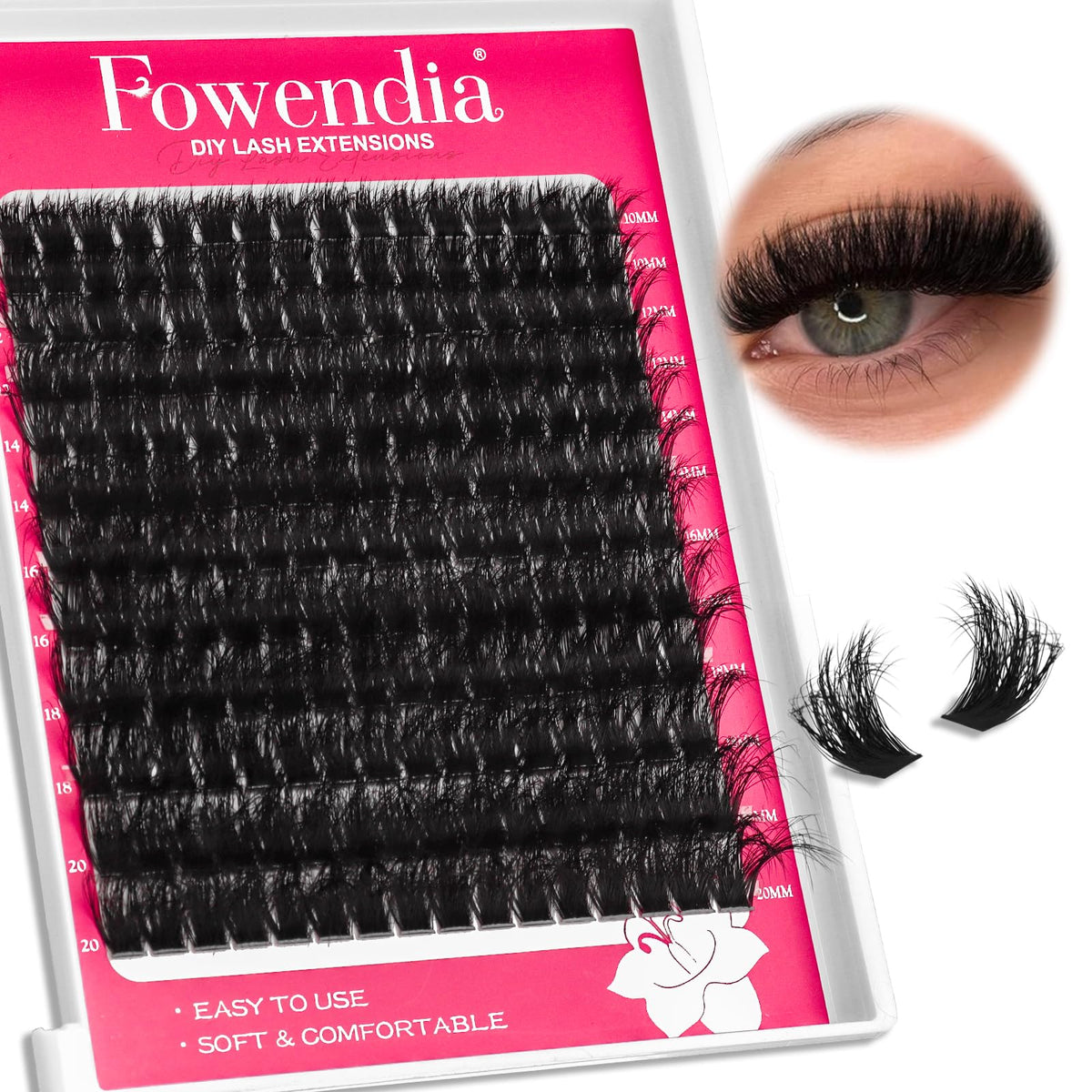 Fowendia Lash Extension Kit Lash Clusters 200D Lash Bond and Seal Individual Fluffy Eyelashes Kit at Home, Black