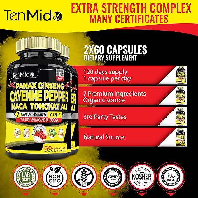 2 Packs 60 Caps of Cayenne Pepper Supplements Extract Capsules with Tongkat Ali, Ginseng, Tribulus, Ashwagandha, Maca, Fadogia - 4 Month Supply