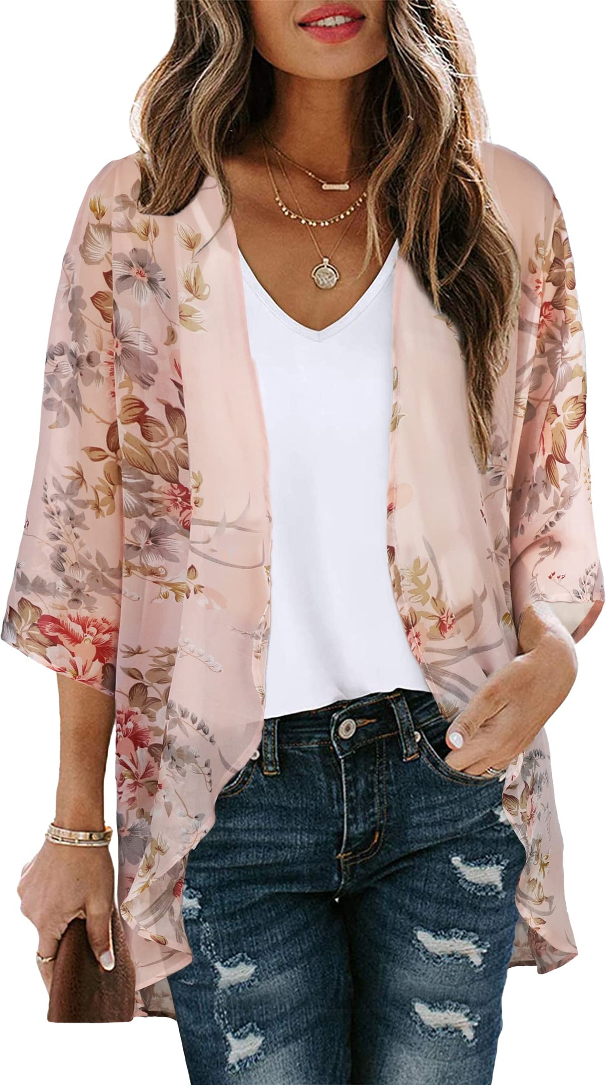 Womens Kimono Cardigans Floral Tops Sheer Beach Cover Ups Chiffon Open Front Thin Jacket Shirts (Pink Flowers,S