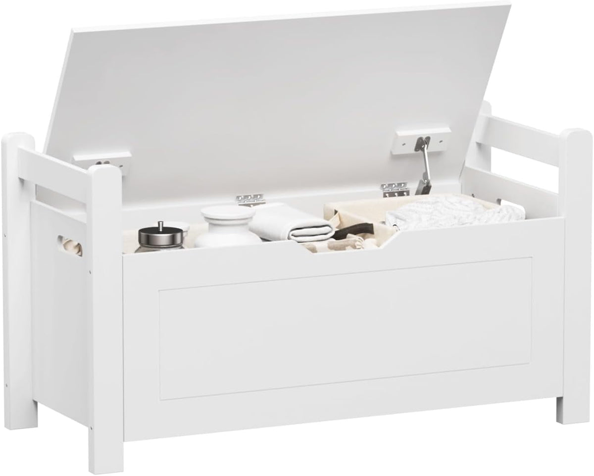 35"" White Entryway Storage Bench with Cushion - Wooden Toy Box with Safety Hinges, Shoe Bench for Living Room & Bedroom