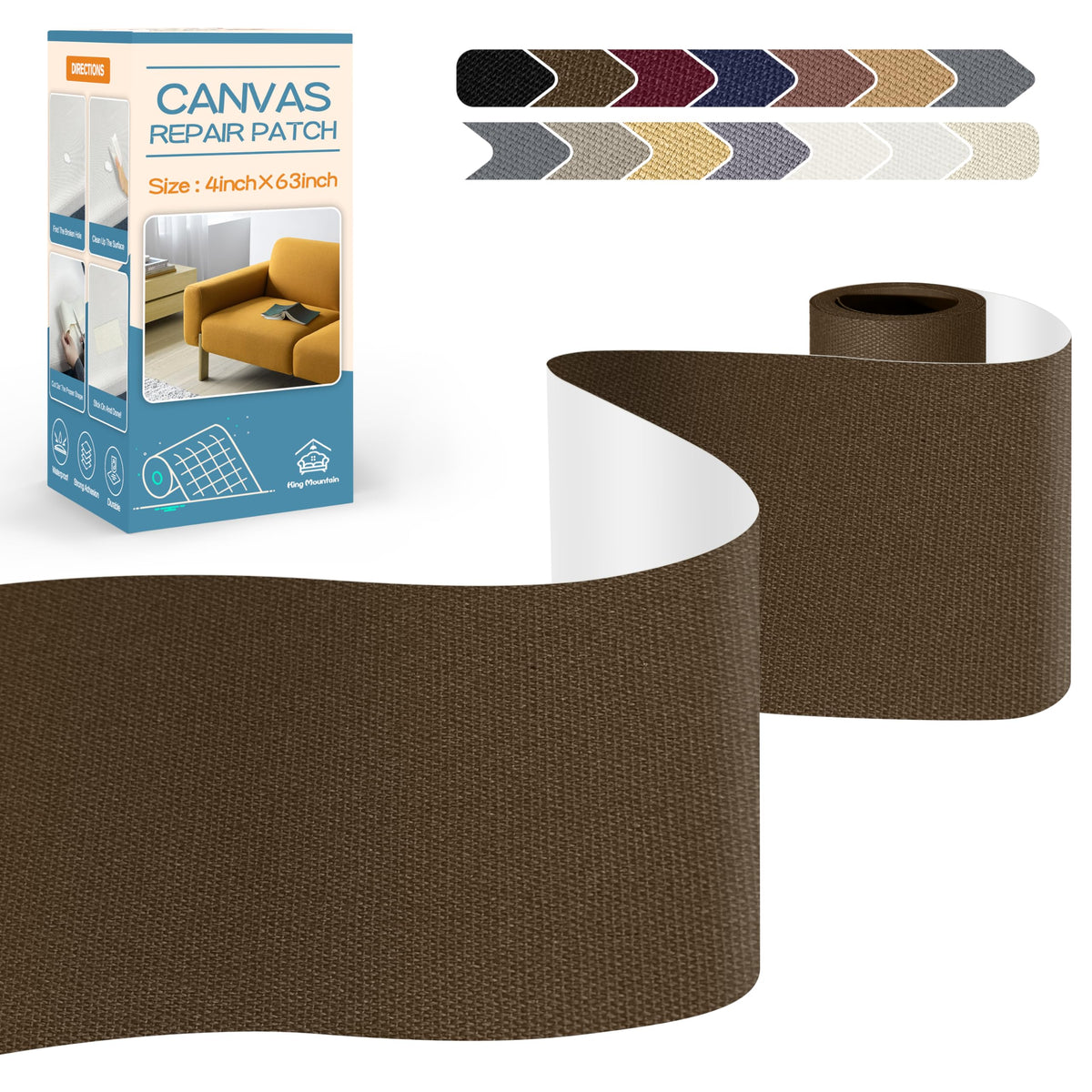 KING MOUNTAIN Canvas Repair Tape,Outdoor Gear Patch, 4×63 Inches,Waterproof,Self-Adhesive for Repairing Boat Covers,Sun Shades,Sofas,Tents,Lounge Chairs,Awnings (Dark Brown)