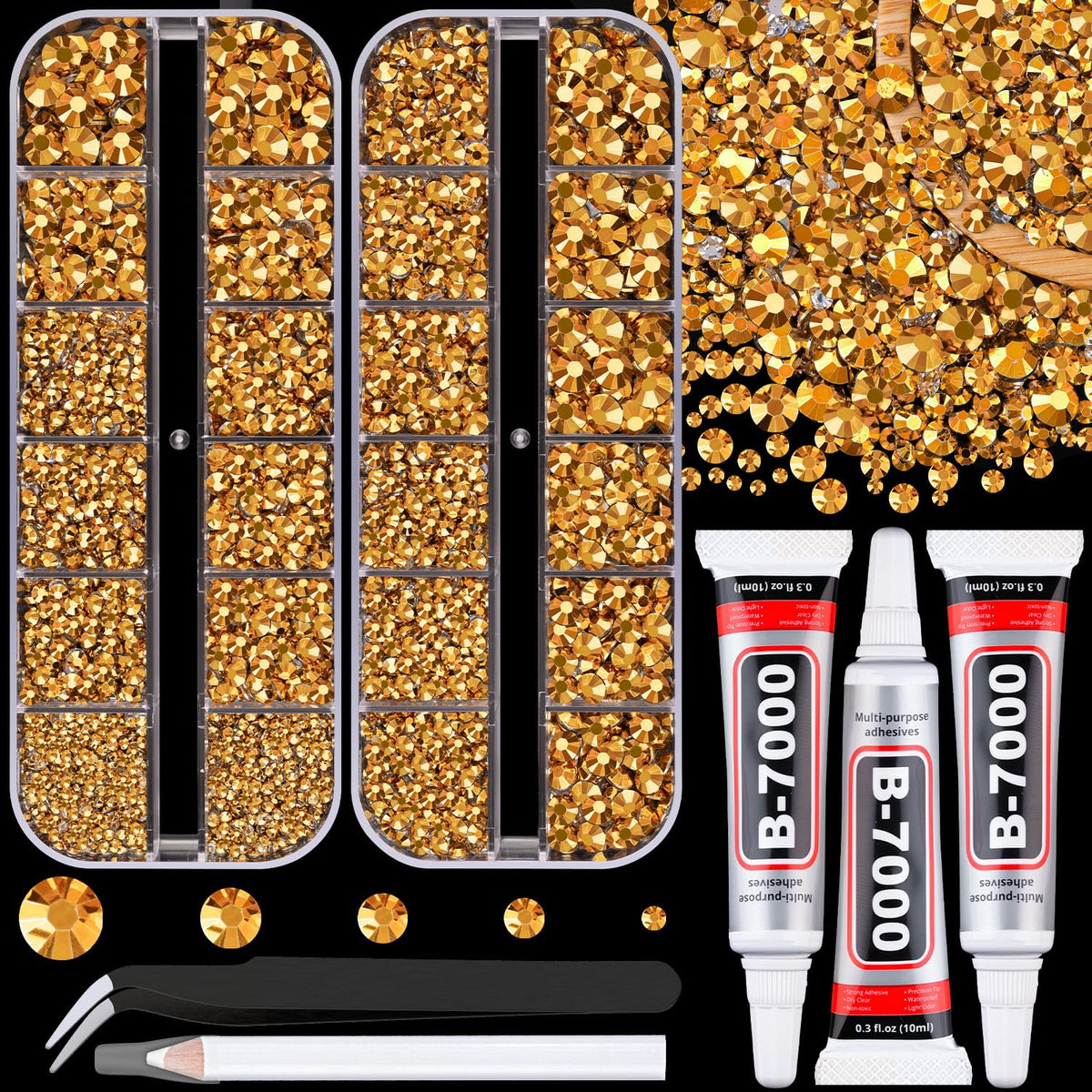 TINKRSTUFF Resin Jelly Rhinestones for Crafting with B7000 Jewelry Glue, 2 Boxes Gold Flatback Crystals with 3Pcs 10ml Glue, Bedazzling Non Hotfix Gems for DIY Tumblers Clothing Shoes Manicure
