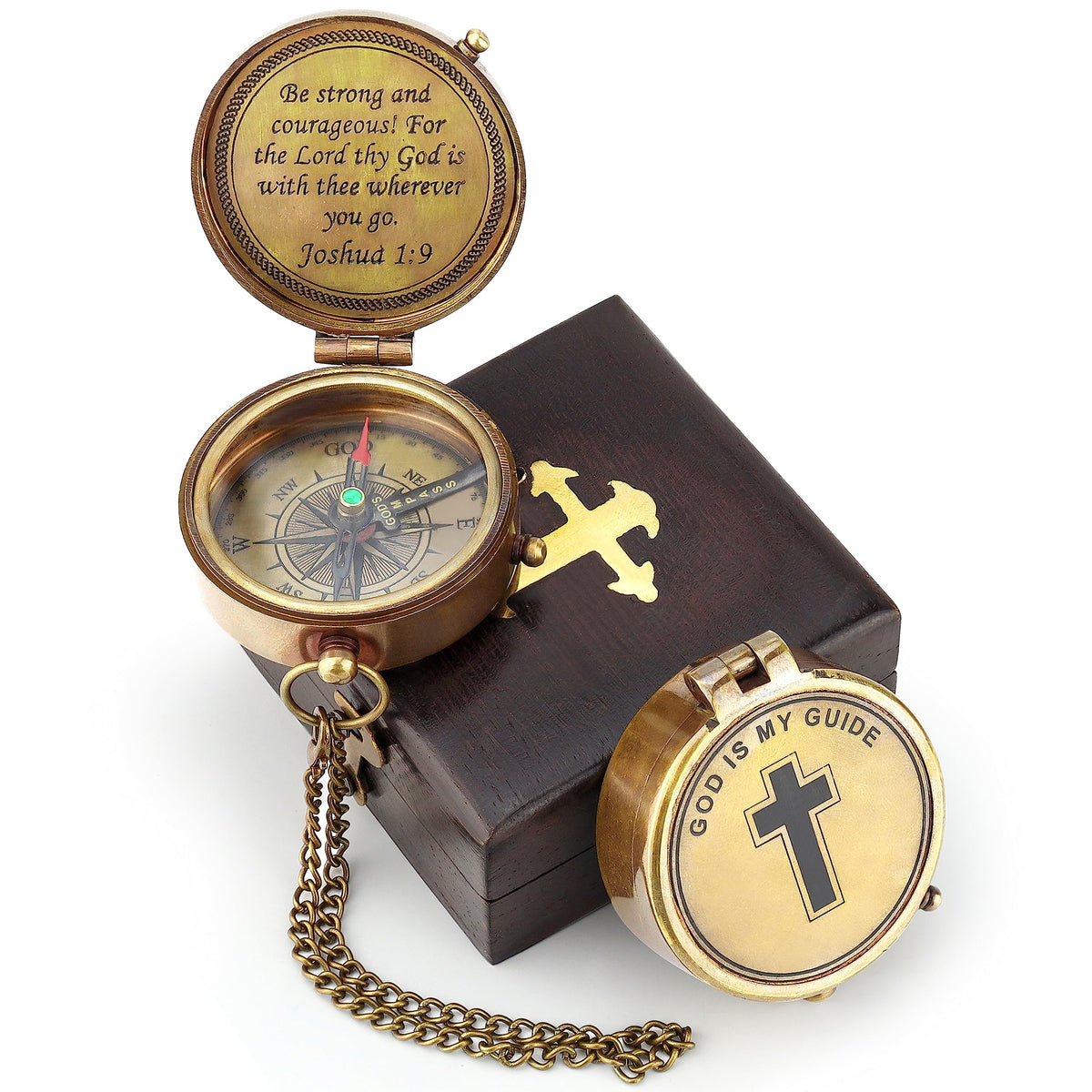 God is My Guide Polished Brass Compass Gift with Display Box - Engraved Scripture Prayer Compass Religious Gift for Men & Women - Baptism, Confirmation, Communion Compass for Boys Graduation Gift