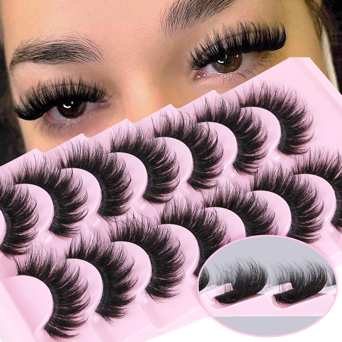 Focipeysa D Curl Lash Fluffy Volume Eyelash Thick False Eyelashes 16mm Lashes 8D Faux Mink Lash Dramatic Strip Eyelash Pack Lash that Look Like Extension 7 Pairs