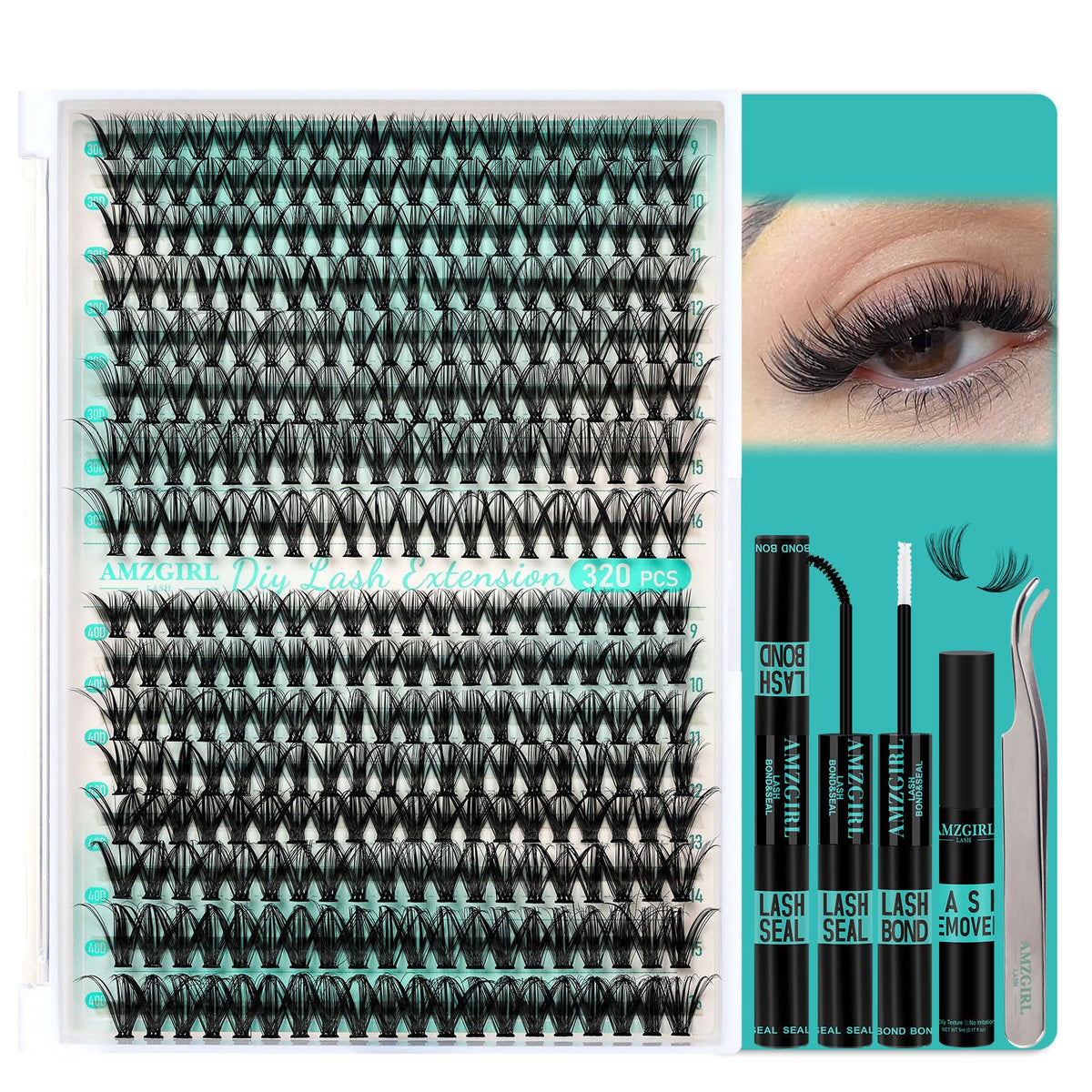 Lash Clusters Kit 320Pcs,30D 40D Eyelash Extension Kit,Lash Bond and Seal Waterproof,Lash Remover for Individual Cluster Lashes Kit,Lash Applicator Tool for DIY Lash Extension Kit(D-Mix9-16mm Kit)