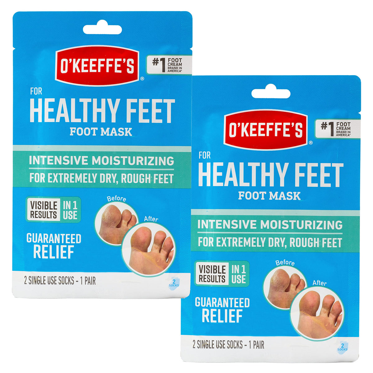 O'Keeffe's for Healthy Feet Intensive Moisturizing Foot Mask; Guaranteed Relief for Extremely Dry; Rough Feet; One Pair Single-Use Hydrating Foot Mask Socks; (Pack of 2)