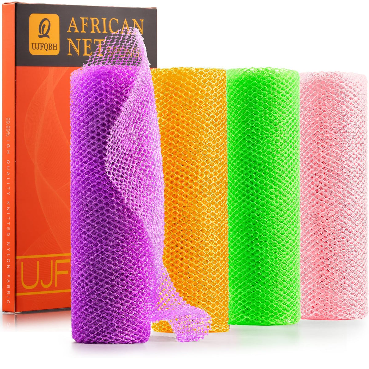 4 Pieces African Net Sponge African Net Long Net Bath Sponge Exfoliating Shower Body Scrubber Back Scrubber Skin Smoother,Great for Daily Use (Purple, Orange, Green, Pink)