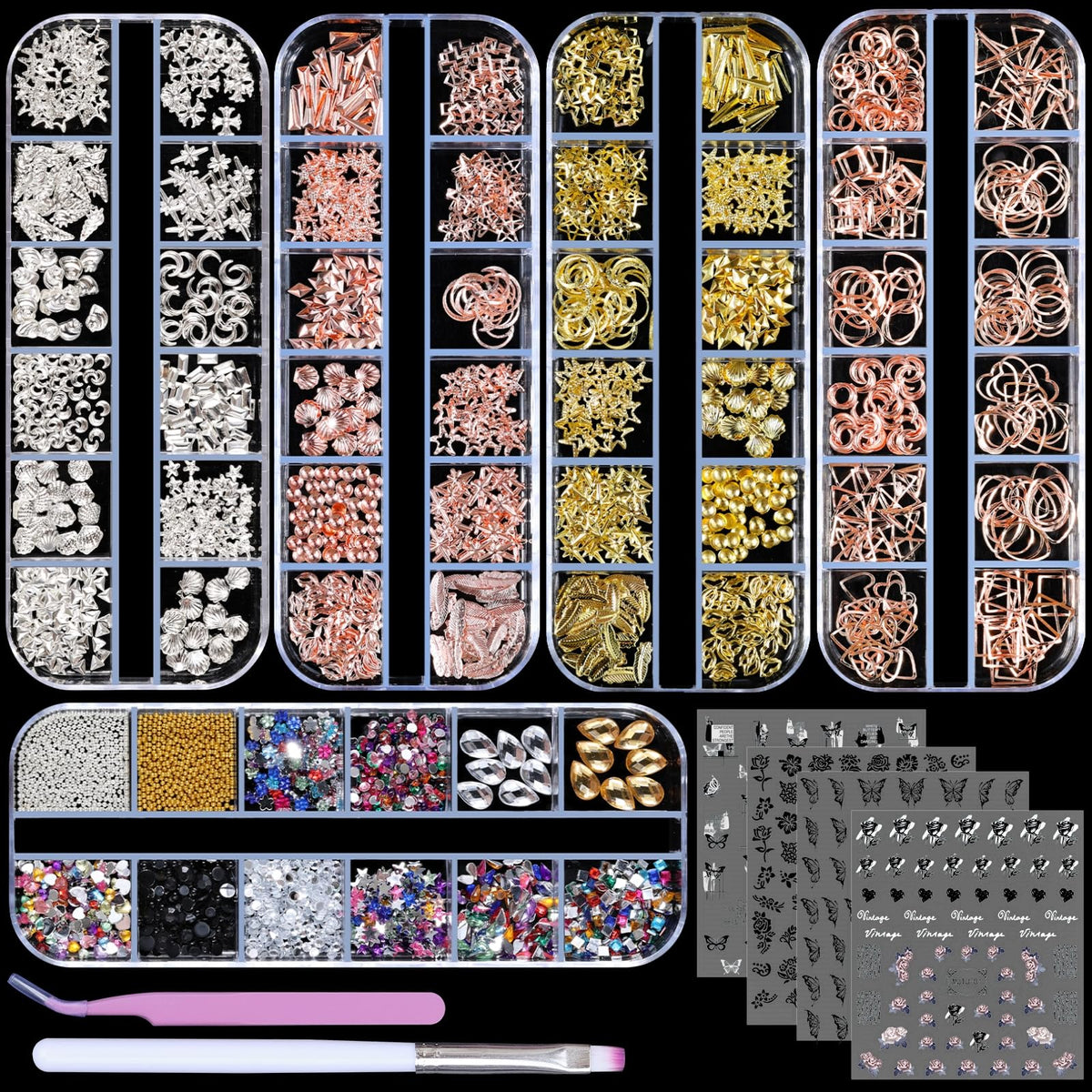 editTime 5 Boxes Gold Silver Metal Nail 3D Punk Studs Star Moon Heart Triangle Square Rivet Gems Nail Art Jewels with a Curved Tweezers and a Nail Brush (gold & rose gold & silver)