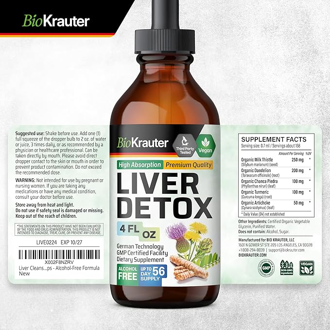 BIO KRAUTER Liver Detox Liquid - Liver Cleanse Detox Liquid Drops - Milk Thistle, Chanca Piedra, Turmeric, Dandelion, Artichoke - Vegan Drops 4 Fl. Oz.