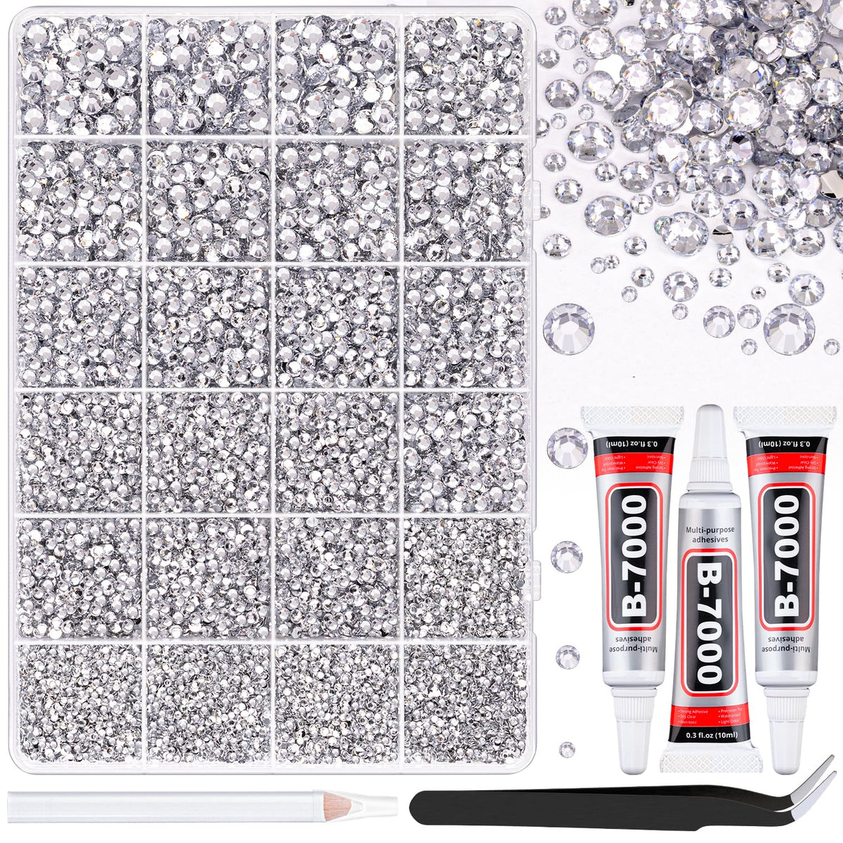 25000Pcs Resin Rhinestones with Tweezers for Crafting, Silver Clear Flatback Gems, Bedazzling Crystal with 3Pcs 10ml B7000 Jewelry Glue for DIY Crafts Clothing Tumblers Shoes Fabric Nail Art