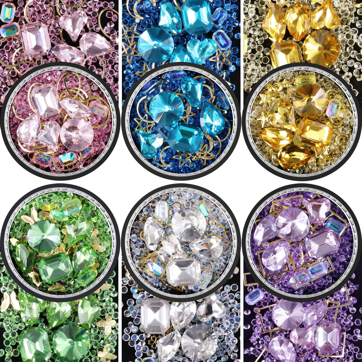 6 Wheels Mixed Sparkle Nail Art Rhinestones Diamonds Crystals Butterfly Beads Artificial Pearls Gold Silver Nail Studs Gems Metal Hollow Rivets Charms (Kit-4)