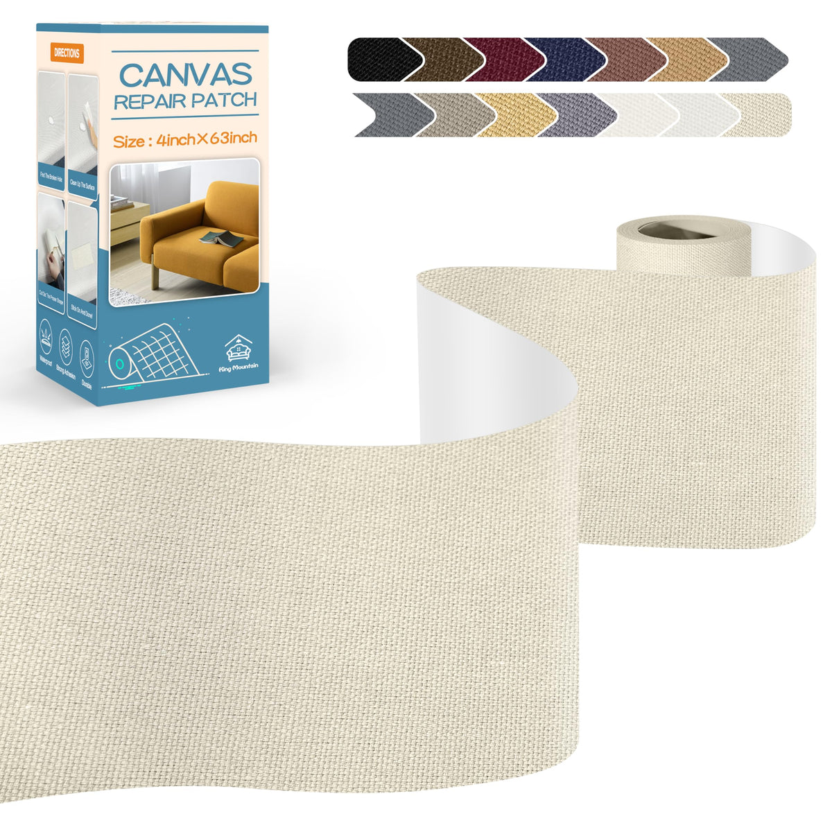 KING MOUNTAIN Canvas Repair Tape,Outdoor Gear Patch, 4×63 Inches,Waterproof,Self-Adhesive for Repairing Boat Covers,Sun Shades,Sofas,Tents,Lounge Chairs,Awnings (Beige)