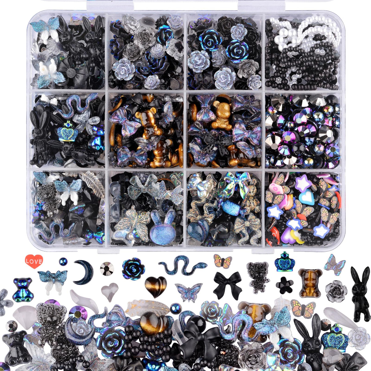 Kikonoke 850 Pieces 3D Butterfly Rose Flower Bow Rabbit Bear Nail Charms Kit with Nail Art Rhinestones Pearls Crystal Gems Nail Slices for Manicure DIY Crafts Jewelry Accessories (Black)